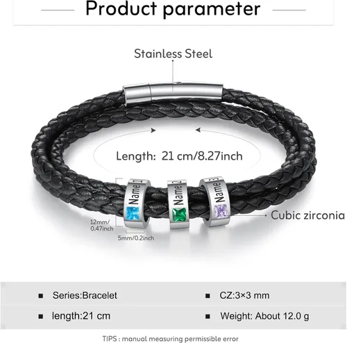 Miniatura 11 de Pulsera personalizada para el Día del Padre para hombre, pulseras personalizadas de cuero trenzado negro con cuentas grabadas de 1 a 8 nombres