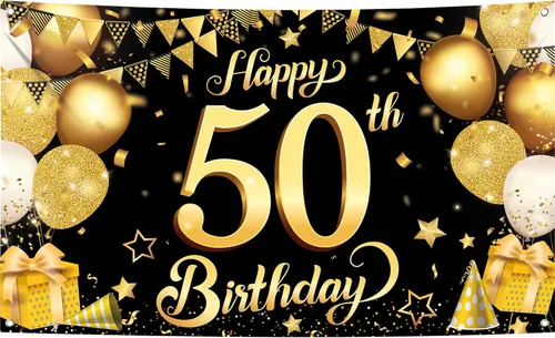 KatchOn, Fondo de feliz cumpleaños 50, grande, 72 x 44 pulgadas, decoraciones de cumpleaños 50 negro y dorado | Cartel de feliz cumpleaños 50 para