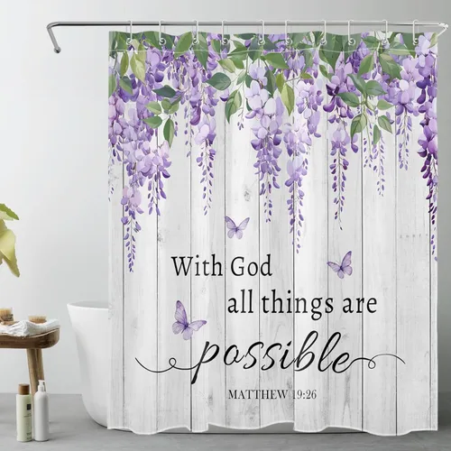 Miniatura 36 de LB Cortina de ducha de hortensias azules para baño, cortina de ducha rústica de girasol amarillo botánico y lavanda púrpura con ganchos, cortina