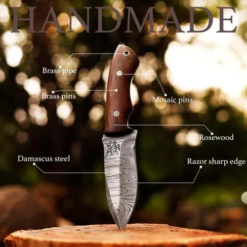 Miniatura 4 de Cuchillo de caza de acero de Damasco de hoja fija con funda de piel, cuchillo de caza de 9 pulgadas con mango entero para despellejar, mango