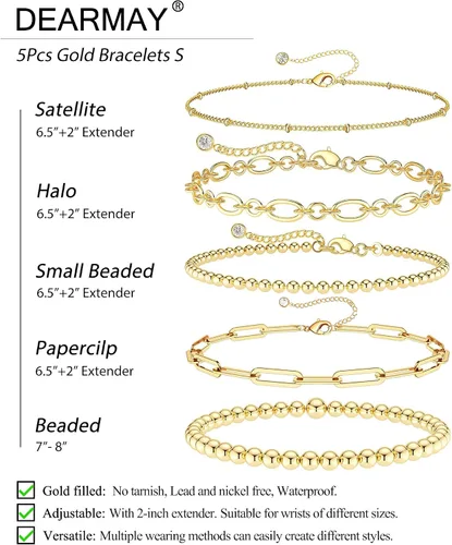 Miniatura 5 de DEARMAY Juego de pulseras de oro para mujer, a la moda, delicadas, chapadas en oro real de 14 quilates, apilables