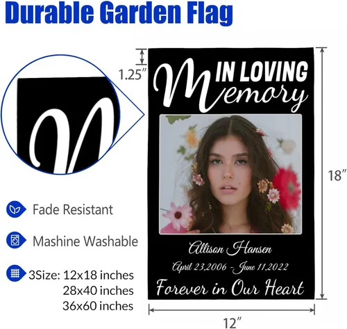 Miniatura 6 de LATHIFA Banderas conmemorativas personalizadas, banderas de jardín personalizadas en memoria amorosa con nombre, fecha y foto para decoración