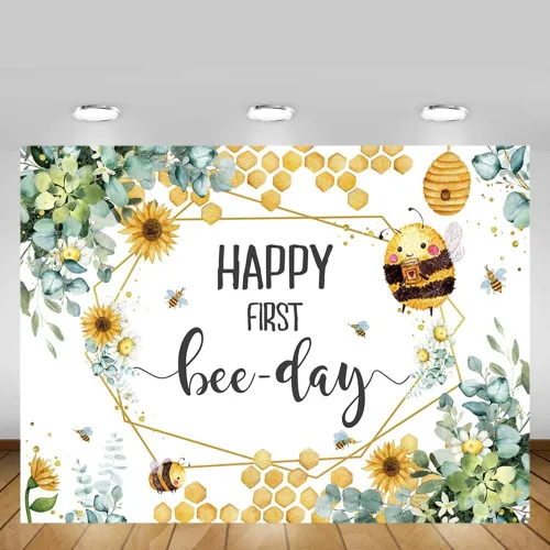 Miniatura 5 de MEHOFOND Telón de fondo para el primer día de las abejas con texto en inglés «Happy First Bee-Day» para fiesta de cumpleaños de niño y niña, panal