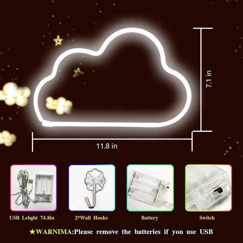 Miniatura 5 de Letreros de neón de nube, luz LED para decoración de pared, funciona con pilas o USB, para dormitorio, estética, habitación de adolescentes, niñas