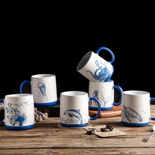 Miniatura 6 de AmorArc Juego de 6 tazas de café grandes de cerámica de 18 onzas con patrones texturizados de Sea Life para té, café con leche y cacao. Fácil