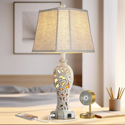 Miniatura 6 de Lámpara de mesa de granja de 25 pulgadas para sala de estar y dormitorio, lámpara de noche de diseño rústico vintage con 2 puertos USB y luz