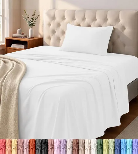 Utopia Bedding Juego de sábanas tamaño individual – Sábanas de punto de jersey de 3 piezas – Algodón – Sábanas elásticas suaves (individual, blanco)