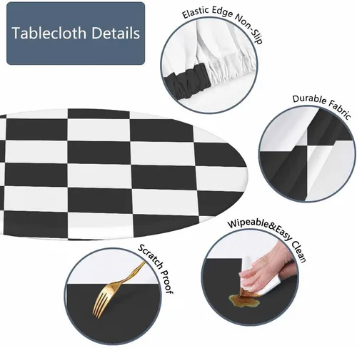 Miniatura 3 de Mantel de ajedrez blanco y negro con cuadrículas redondas, planos, abstracto, impermeable, lavable, para mesa de comedor ajustable de 40 a 44