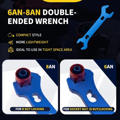 Miniatura 3 de Llave de ajuste ajustable para accesorios AN de 3AN-16AN, llave de manguera de aluminio ligera de extremo plano negro con un zócalo de 6AN-AN8