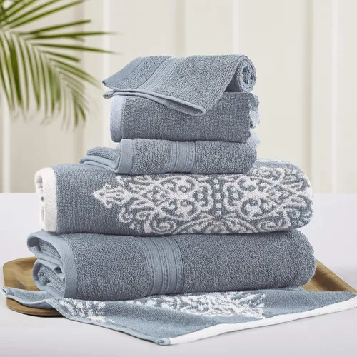 Miniatura 11 de Modern Threads Juego de toallas Jacquard teñidas de hilo reversible de 6 piezas Artesia Damasco Gris