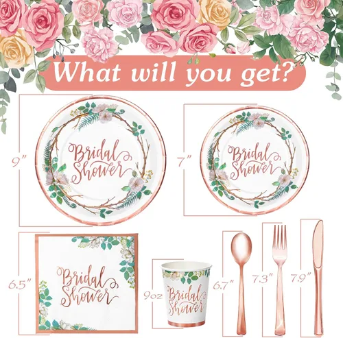 Miniatura 2 de Decoraciones de Ducha Nupcial en Oro Rosa, 168 Piezas de Platos y Servilletas para Despedida de Soltera, Platos de Papel Florales para 24, El Amor