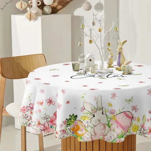 Miniatura 9 de Mantel redondo de Pascua de 60 pulgadas, mantel de flores de conejo a cuadros, resistente a las manchas y a las arrugas, lavable, para primavera