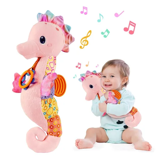 Fuzqq Juguetes para bebé niña de 0 a 6 meses, animal de peluche musical con sonajero, juguete suave para recién nacida de 0 3 6 9 12 meses para Rosa