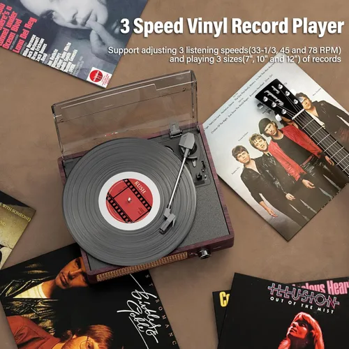 Miniatura 7 de Tocadiscos de vinilo con receptor Bluetooth incorporado y 2 altavoces estéreo, tocadiscos retro portátil de 3 velocidades y 3 tamaños para el Marrón