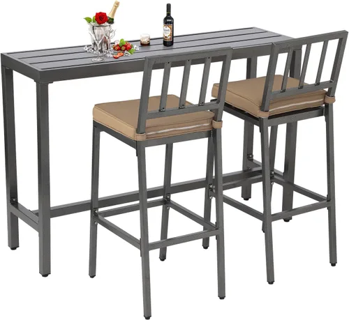 Sillas y mesa de bar al aire libre, juego de bar de metal para patio con taburetes y cojines para patio trasero, porche, bistró, balcón (gris, mesa