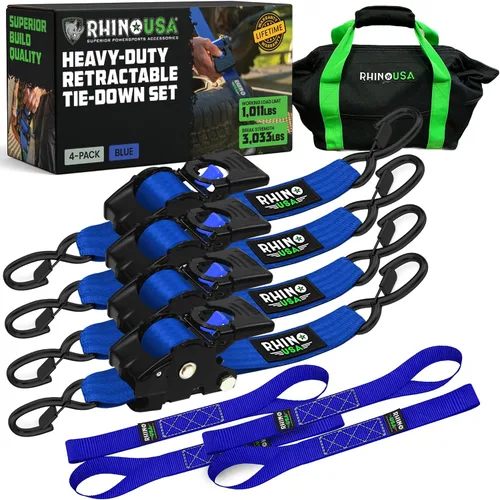 Miniatura 11 de Rhino USA Correas de carraca retráctiles (paquete de 2) - 2 pulgadas x 3 metros (1,376 kg de fuerza de rotura) - Correas de amarre auto-retractiles