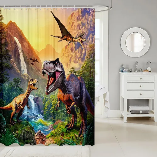Miniatura 2 de Erosebridal Cortina de Ducha de Dinosaurio de Dibujos Animados 3D para Niños Varones Adultos Baño Selva Dino Tela Cortina de Baño 72" An x 72 L