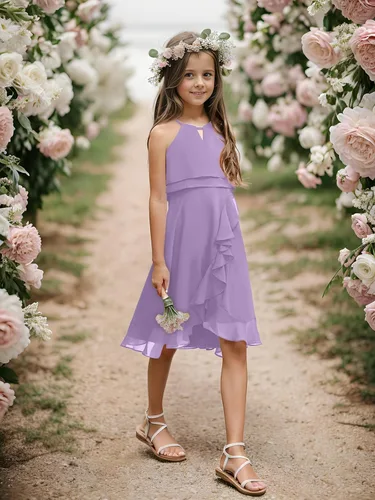 Miniatura 2 de Vestido de dama de honor para niños, de gasa, con cuello halter, acampanado, elegante, para boda, de 5 a 14 años