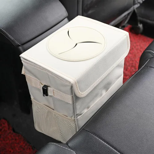 Miniatura 4 de AOKJOY Basurero para automóvil con tapa a prueba de fugas, bote de basura para vehículo, 3 bolsillos de almacenamiento, colgante, bolsa de basura