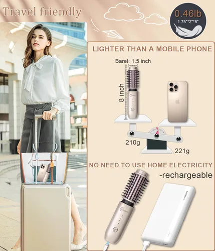 Miniatura 2 de Cepillo de rizador, rizador de pelo inalámbrico de 1.5 pulgadas, cepillo 3 en 1, peine alisador de pelo recargable, 7000 mAh portátil iónico