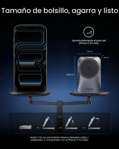 Miniatura 9 de Anker Cargador MagSafe plegable Prime de 25 W, estación de carga 3 en 1 de tamaño de palma, certificado Qi2.2, cargador inalámbrico AirCool