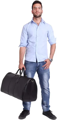 Miniatura 9 de Leathario Bolsa de viaje de cuero genuino para el fin de semana de la noche para los hombres, equipaje de mano, Negro-S, Pequeña, Vintage
