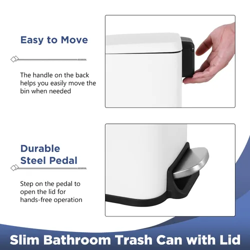Miniatura 6 de BestOffice Basurero de baño con tapa, cubo de basura pequeño con pedal de 1.3 galones, cubo de basura blanco de acero inoxidable para baño