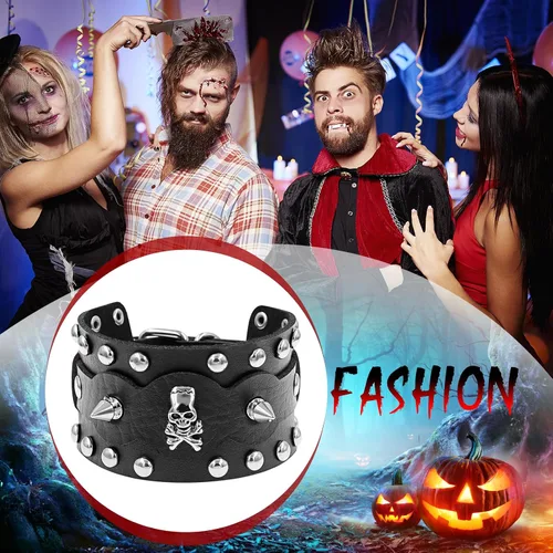 Miniatura 4 de Cupimatch Punk Gothic Skull Rivet Wide Leather Bracelet Cuff Adjustable 7.5"- 8.7" for Father's Day