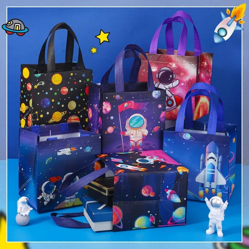 Miniatura 2 de Kigeli 60 bolsas de regalos espaciales de 6 estilos, recuerdos de fiesta espacial, bolsas grandes de regalo no tejidas con asas, bolsa de dulces