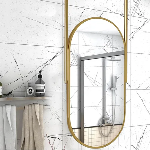 Espejo de barra colgante de techo, espejos decorativos ovalados para pared, baño, tocador, maquillaje, espejo flotante con marco de metal dorado