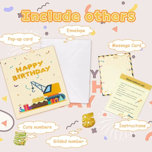 Miniatura 5 de Tarjeta de cumpleaños emergente 3D de 5 años con luz y música, tarjeta de grúa y camión para niño, sobrino, nieto, hijo, niño pequeño, con sobre, 5º