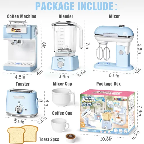 Miniatura 2 de Juego de juguetes de cocina para niños, 7 piezas sin BPA, aparatos de juego de simulación con sonido ligero, cafetera, batidora, batidora, tostadora