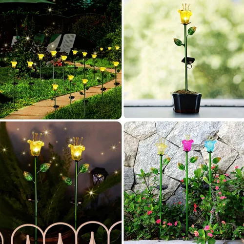 Miniatura 6 de VChymm Paquete de 2 flores decorativas solares, luces de lirio de vidrio amarillo impermeables, encendido/apagado automático para jardín, patio
