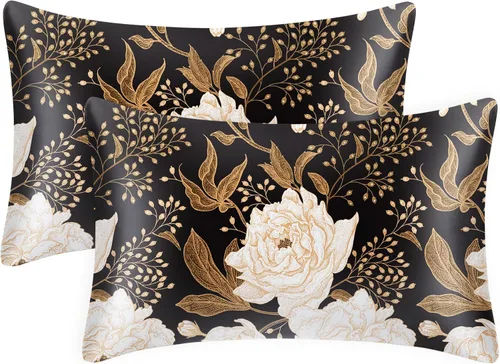 Miniatura 19 de EXQ Home - Funda de almohada de satén para cuidar el cabello y la piel, tamaño estándar, de seda con estampado negro, juego de 2 fundas con cierre