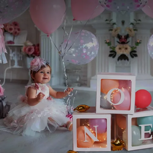 Miniatura 7 de Decoraciones de Primer Cumpleaños Para Niño o Niña, 3 Piezas Cajas de Globos ONE Para 1er Cumpleaños, Bloques Transparentes Para Bebé Decoración