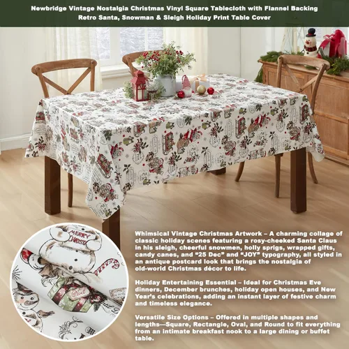 Miniatura 2 de Newbridge Mantel cuadrado de vinilo vintage de Navidad de 52 x 52 pulgadas con reverso de franela, estampado retro de Papá Noel, muñeco de nieve