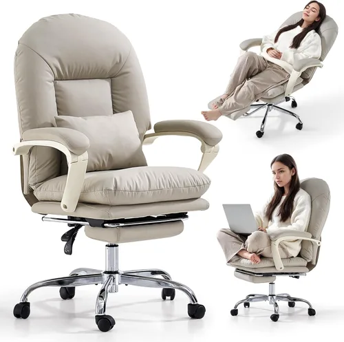 EMIAH Silla de Oficina Ergonómica con Reposapiés Silla Entrecruzada con Ruedas Silla Ejecutiva de Oficina Reclinable Respaldo Medio Cuero PU Sillas