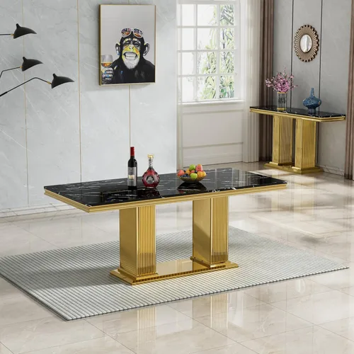 Miniatura 4 de Juego de mesa de comedor de 5 piezas para 4, mesa de cocina de mármol negro de 68 pulgadas con 4 sillas beige, mesa de comedor rectangular moderna