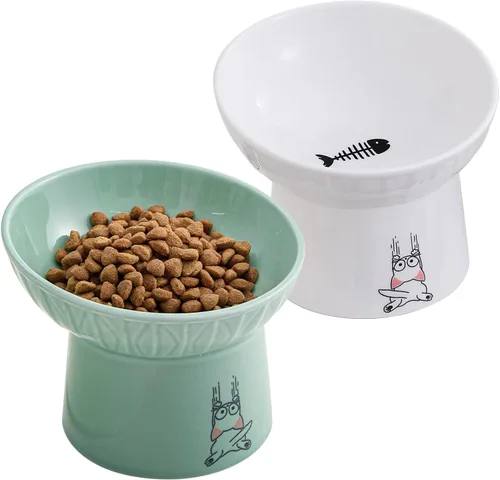 Miniatura 10 de Platos elevados de cerámica para gatos de 6.5 pulgadas extra anchos, cuenco de comida y agua para gatos inclinado y elevado de porcelana, platos