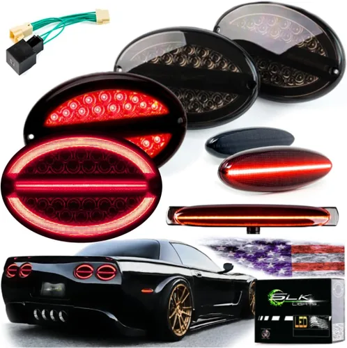 SLK Luces C5 Paquete de 3 piezas de luces traseras ahumadas, luz de freno LED de láser y halo, marcadores laterales con arnés para flash hiperactivo
