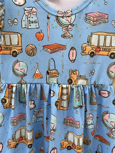 Miniatura 12 de Vestidos de regreso a la escuela para niñas pequeñas: manzana, lápices, ratón de biblioteca, autobús escolar, pegamento, telurión, pizarra arcoíris