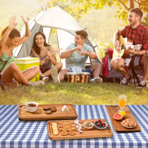 Miniatura 7 de GEHE Bandeja de servir de 3 niveles, bandeja escalonada de madera de acacia plegable, juego de exhibición de mesa de postre, decorada para tablas