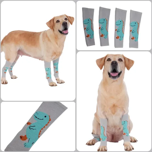 Miniatura 3 de LovinPet Paquete de 4 rodilleras para perro, calentadores de piernas estilo dinosaurio para perros medianos y grandes, elásticos en 4 direcciones
