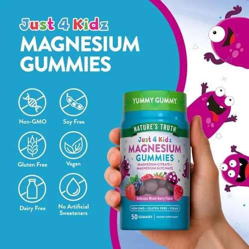 Miniatura 3 de Gominolas de magnesio Nature's Truth para niños Glicinato y citrato 50 unidades Sabor a bayas mixtas Suplemento vegano, sin OMG y sin gluten
