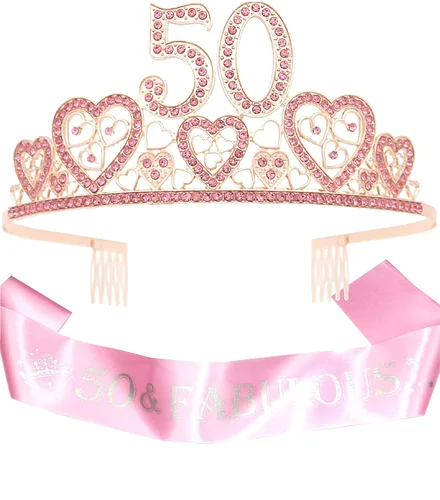 Banda y tiara de cumpleaños número 50 para mujer, fabulosa banda con purpurina + corazones de diamantes de imitación, tiara de metal rosa de alta