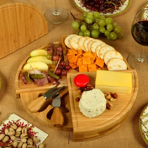 Miniatura 5 de Tabla Picnic at Ascot de bambú, para aperitivos, con herramientas para queso, espirales de una cuña compacta de 13 pulgadas de diámetro, patentado