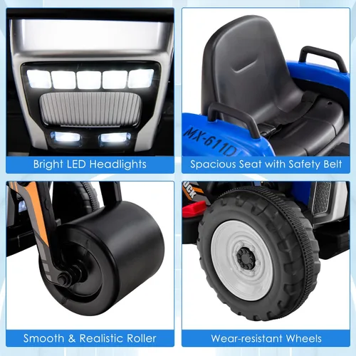 Miniatura 6 de HONEY JOY Coche de paseo eléctrico de 12 V con control remoto, tractor de batería para niños pequeños con rodillo de tambor ajustable, bocina y Azul