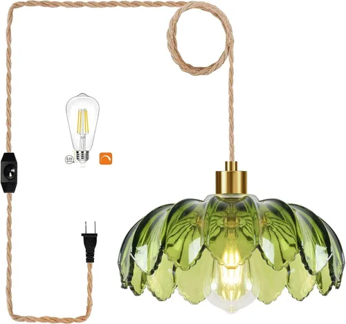 Miniatura 9 de QIYIZM Lámpara Colgante con Enchufe Luces Colgantes con Cable de Enchufe Lámpara Colgante de Vidrio Vintage Dorada Regulable Lámpara de Techo Floral