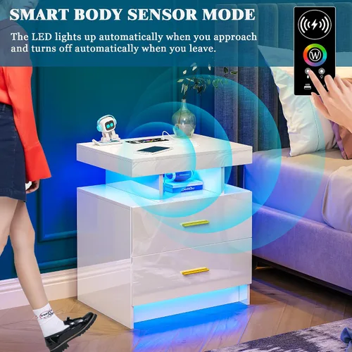 Miniatura 6 de WOOVIVS Juego de 2 mesitas de noche con estación de carga USB/tipo C/inalámbrica, mesitas de noche blancas con luces LED RGB automáticas, juego de 2