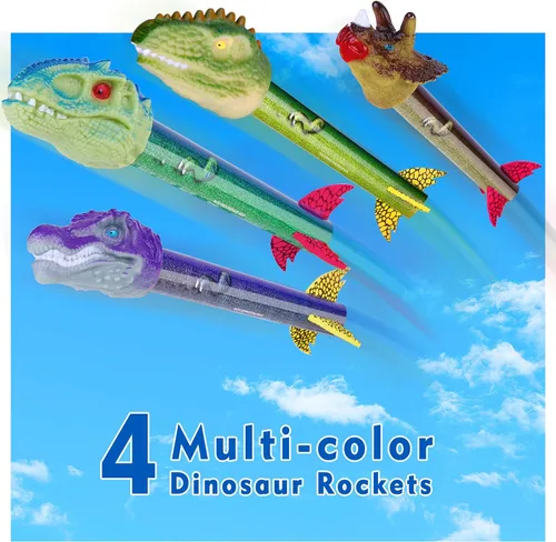Miniatura 4 de Gizzjoy Lanzador de cohetes de juguete de dinosaurio para niños, lanza hasta 100 pies, 4 cohetes, juguetes exteriores para niños, juguetes